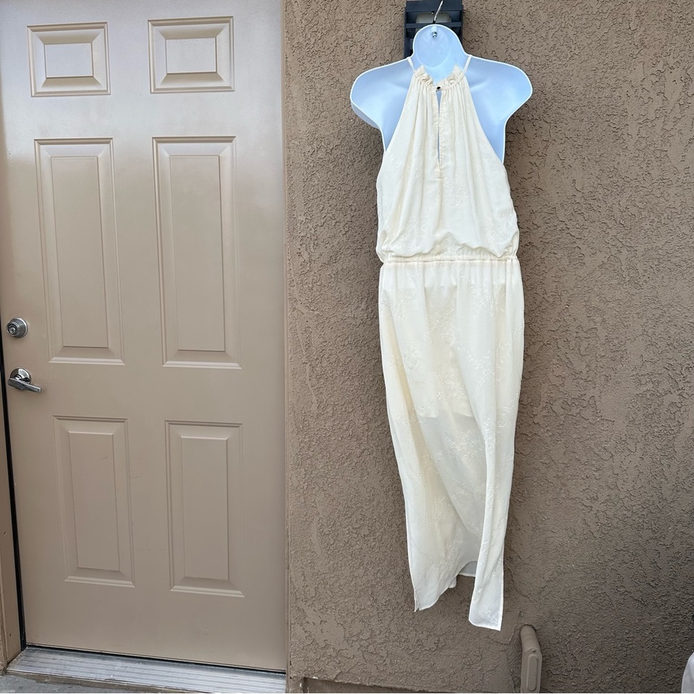 Cream Embroidered Halter Maxi Dress with side slits - Picture 3 of 7